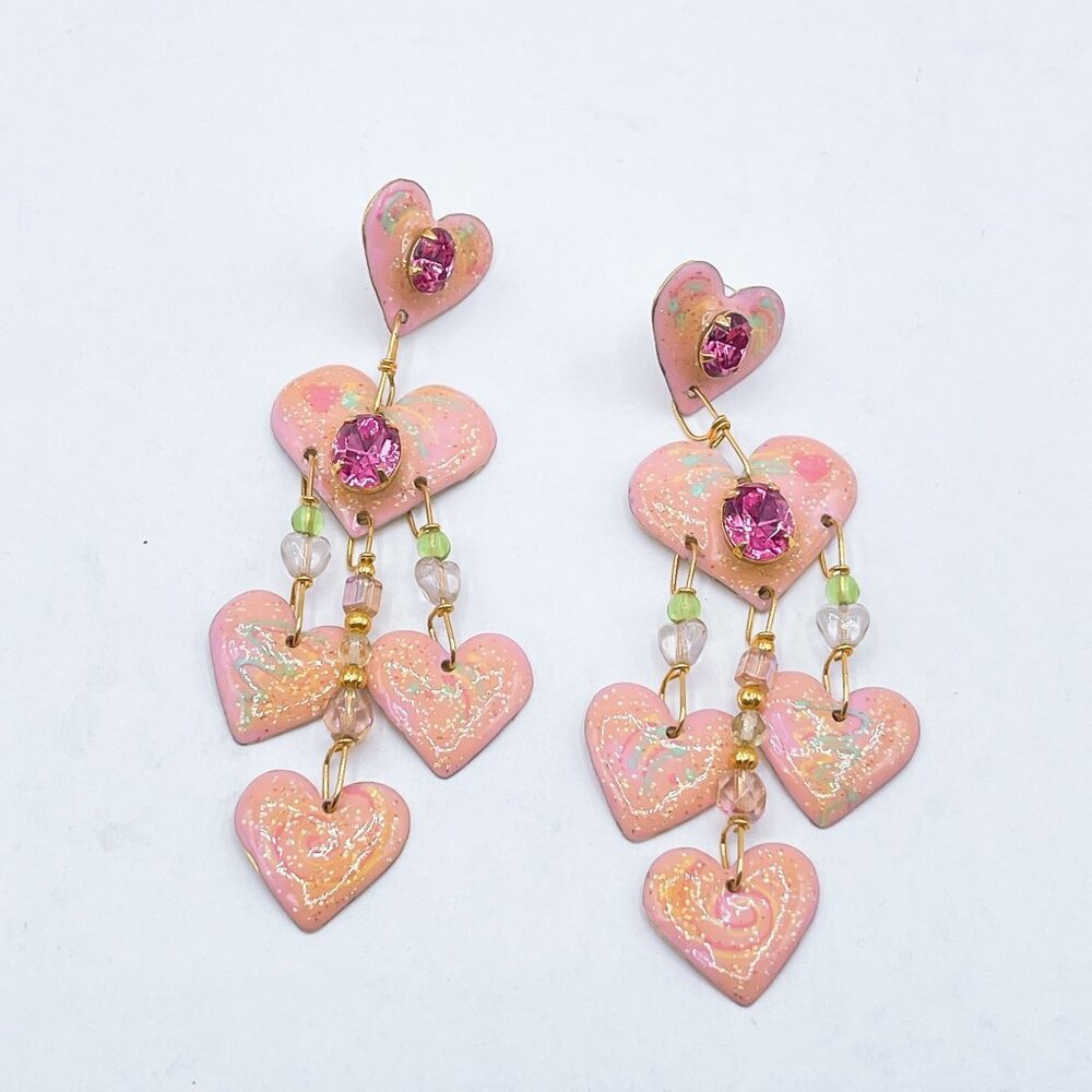 Lunch At The Ritz Pink Heart Dangle Earrings W/ Rhinestones & Beads Gold Tone Ba - Picture 5 of 7